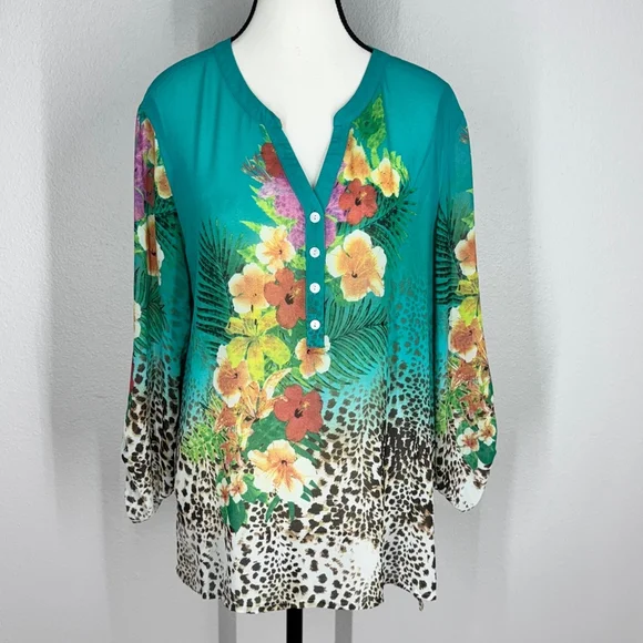 Soft Surroundings Tropical Floral & Animal Print Tunic Blouse Teal Multicolor - Picture 3 of 13